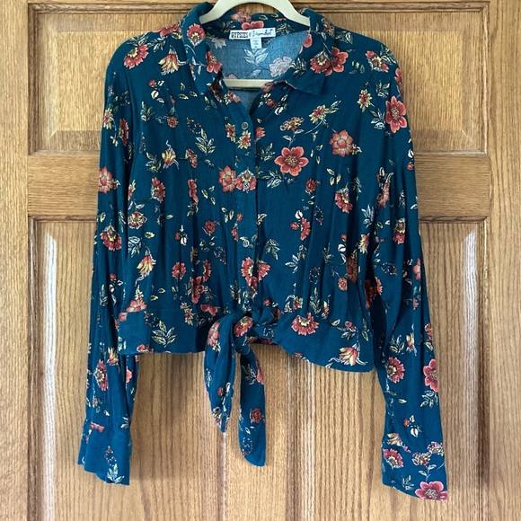 Gypsies & Moondust Dark Green & Floral LS Button-up Crop Top XL - Picture 1 of 10
